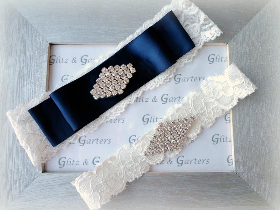 Wedding - Wedding Garter Set - IVORY Lace Bridal Garter NAVY Bow SILVER Rhinestone Diamond Show Garter & Rhinestone Diamond Toss Garter