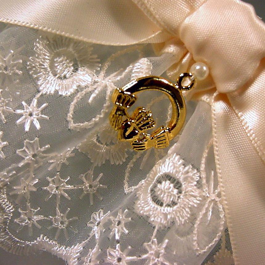 Hochzeit - Irish Lace Wedding Garter Ivory with Claddagh Charm Heirloom Elegance