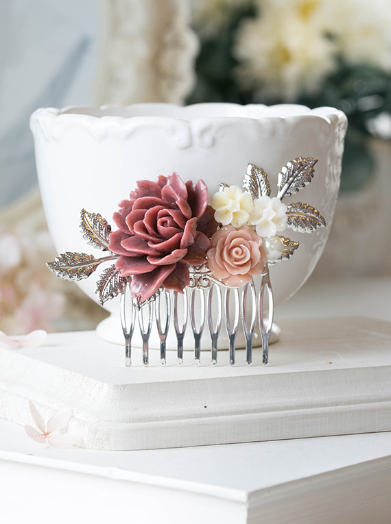 Свадьба - Maroon Burgundy Dusty Red Dusky Red Powder Red Rose Flower Hair Comb Silver Wedding Bridal Hair Comb Silver leaf Comb Bridesmaid Gift