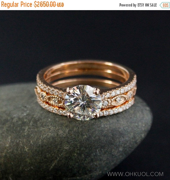 Wedding - ON SALE Forever Brilliant Moissanite Halo Diamond Engagement Ring – Miligrain Lear and Micro Pave Diamond Half Eternity Band – Set of Three