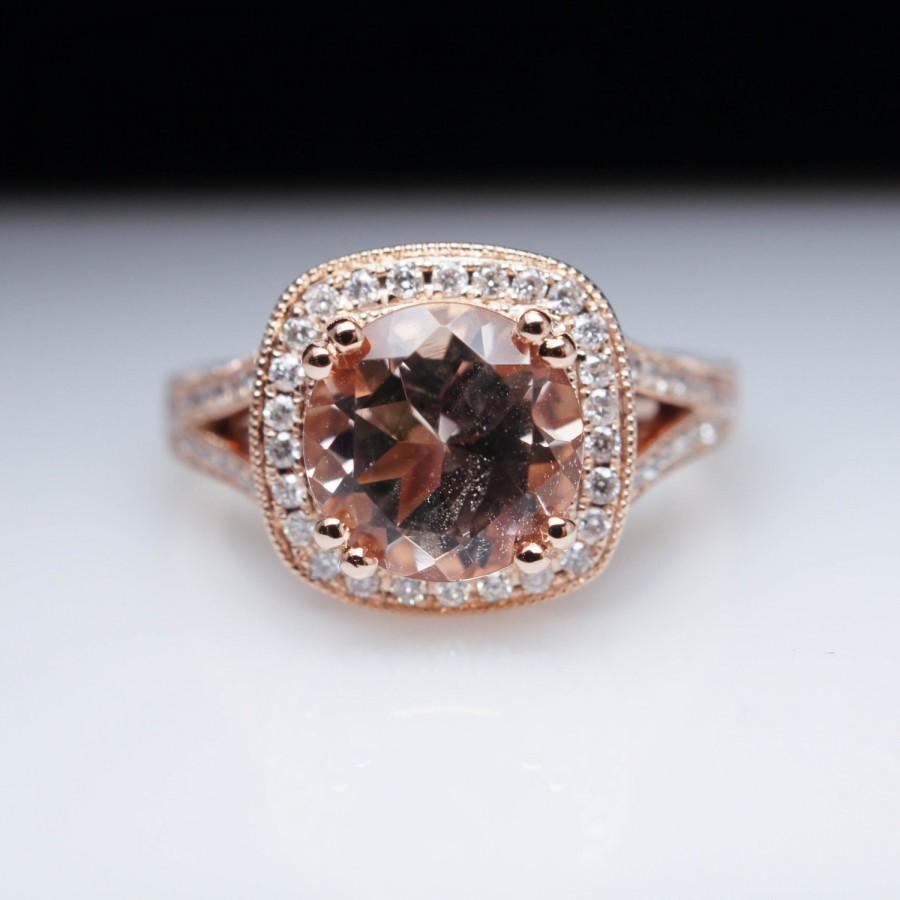Hochzeit - Large Round Morganite Intricate Halo Diamond Engagement Ring 14k Rose Gold Morganite Engagement Ring Peach Morganite Ring Diamond Ring