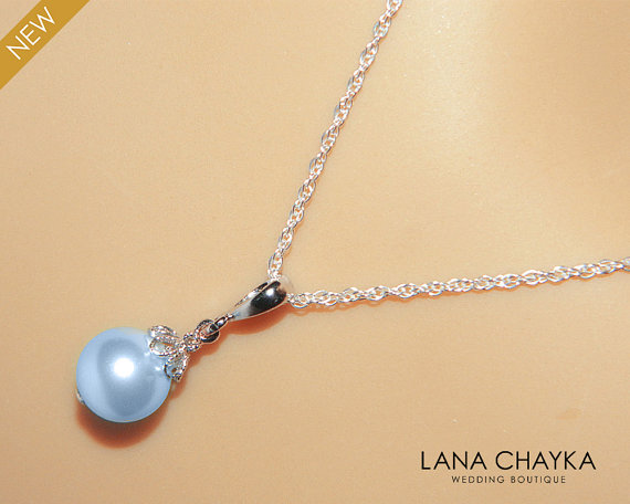 Mariage - Light Blue Pearl Drop Flower Girl Necklace Swarovski 8mm Pearl Sterling Silver Necklace Wedding Blue Pearl Necklace Single Pearl Necklace