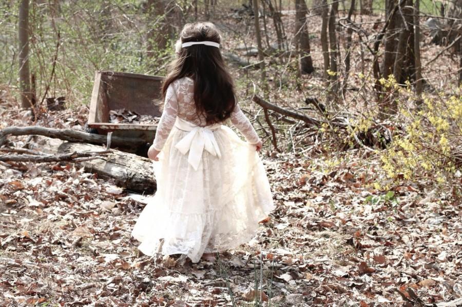 Mariage - ivory lace girl dress, flower girl dress, flower girl dresses, lace flower girl dress, ivory baby dress, long sleeve flower girl dress