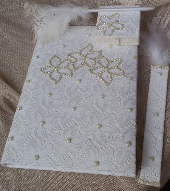 Wedding - Wedding guest book, Hand made wedding guest book, İvory lace pearl wedding, Bridal book, Guest book and pen set, Guest book and bookmarks