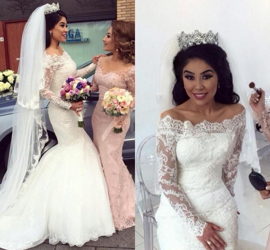Mariage - Custom Made 2016 Mermaid Wedding Dresses Sheer Illusion Long Sleeve Ivory Full Lace Chapel Train Vintage Cheap Trumpet Bridal Gowns Online with $107.48/Piece on Hjklp88's Store 