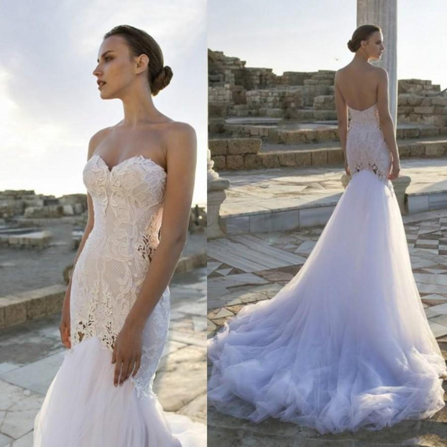 Wedding - Fashionable 2016 Lace Wedding Dresses Sweetheart Mermaid Tulle Sleeveless Sweep Train Spring Nurit Nen Beach Bridal Gowns Dress Online with $105.16/Piece on Hjklp88's Store 