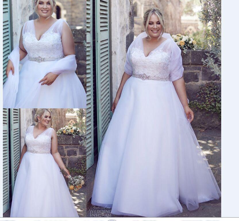 Mariage - Newest 2016 Plus Size Beaded Wedding Dresses With Sheer V-Neck A Line Sleeveless Bridal Gown Sweep Length Lace Up Back Tulle Wedding Ball Online with $122.69/Piece on Hjklp88's Store 