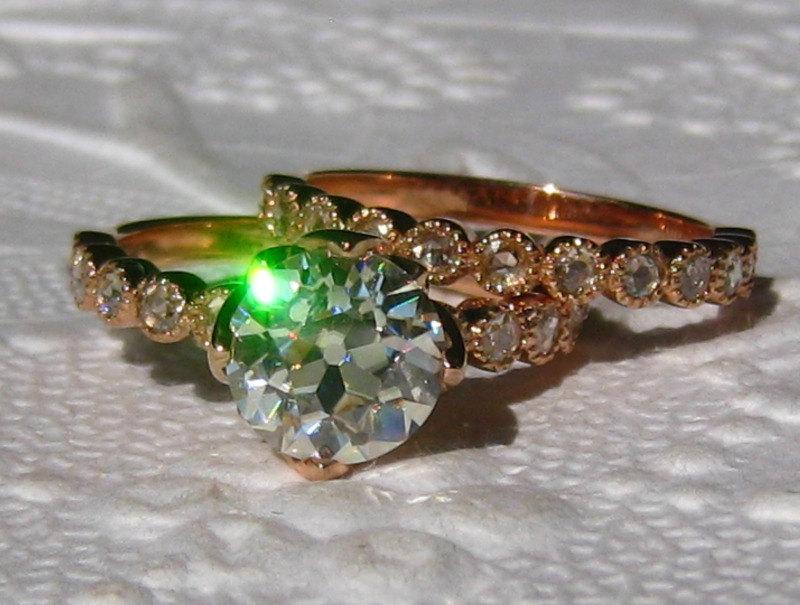 زفاف - OEC Moissanite Engagement Ring, Lotus Rose Gold Engagement Ring, Wedding Set with Rose Cut Diamonds in Milgrain Bezels