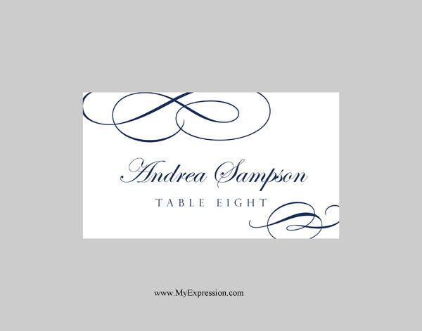 Wedding - Wedding Place Cards Template (Folded) – Calligraphic Flourish (Navy or Royal Blue) - Instant Download - Editable MS Word File
