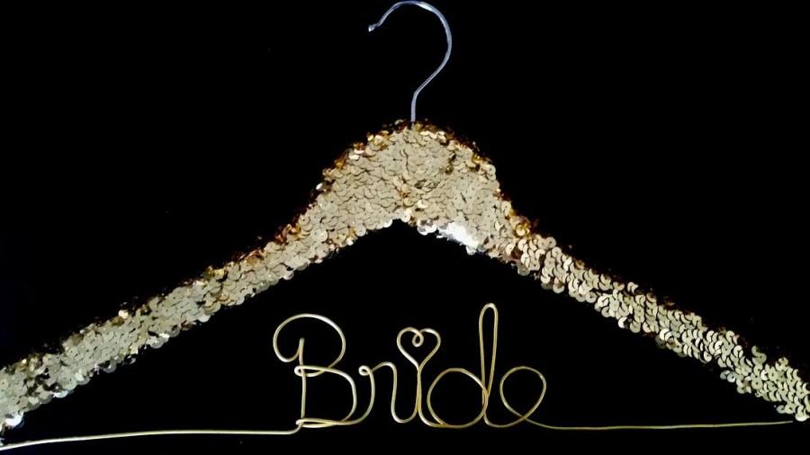 Hochzeit - Gold sequin custom bridal hanger - personalized wedding hanger/ bride hanger/ dress hanger/ flower girl/ custom hanger/ bling hanger