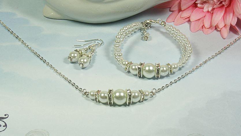Wedding - Necklace And Double Strand Bracelet And Earrings Set Bridesmaid Jewelry Maid of Honor Flower Girl Bridal Shower