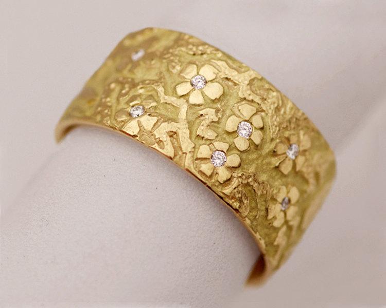 Wedding - Flower and diamond gold ring, cherry blossoms band, hand carved flower ring, 18k yellow gold, diamonds