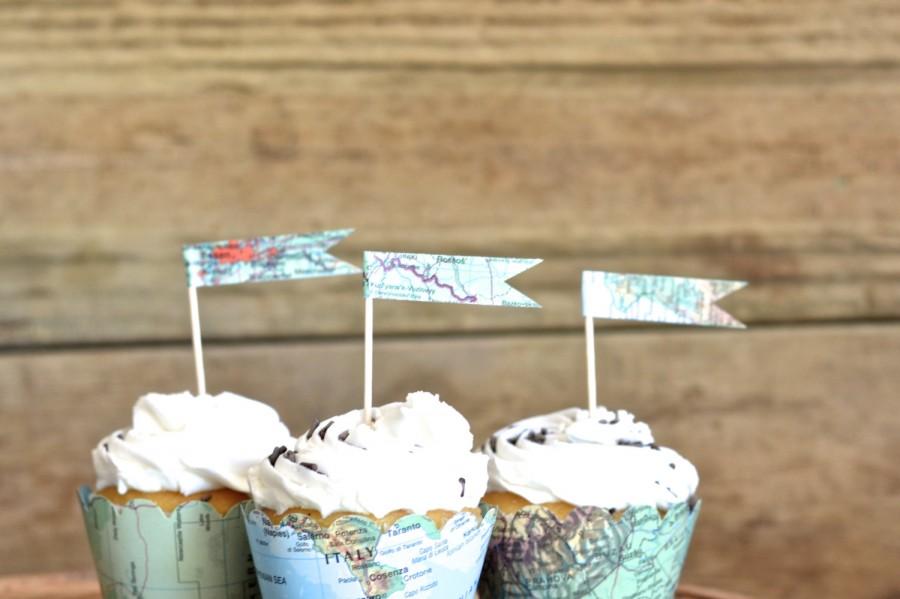 Wedding - Vintage Map Cupcake Flags