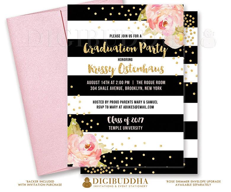 Wedding - BLACK & WHITE GRADUATION Party Invitation College High School Pink Peony Stripe Gold Glitter Confetti Printable Free Shipping or DiY- Krissy