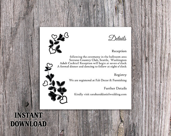 Wedding - DIY Lace Wedding Details Card Template Editable Word File Download Printable Vintage Floral Details Card Black Rustic Enclosure Card