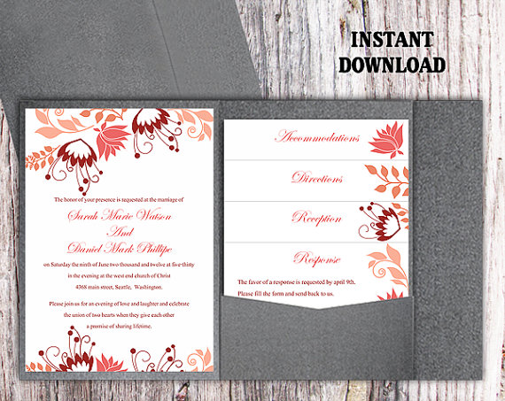 Hochzeit - Pocket Wedding Invitation Template Set DIY EDITABLE Word File Download Coral Floral Invitation Colorful Invitations Printable Invitation