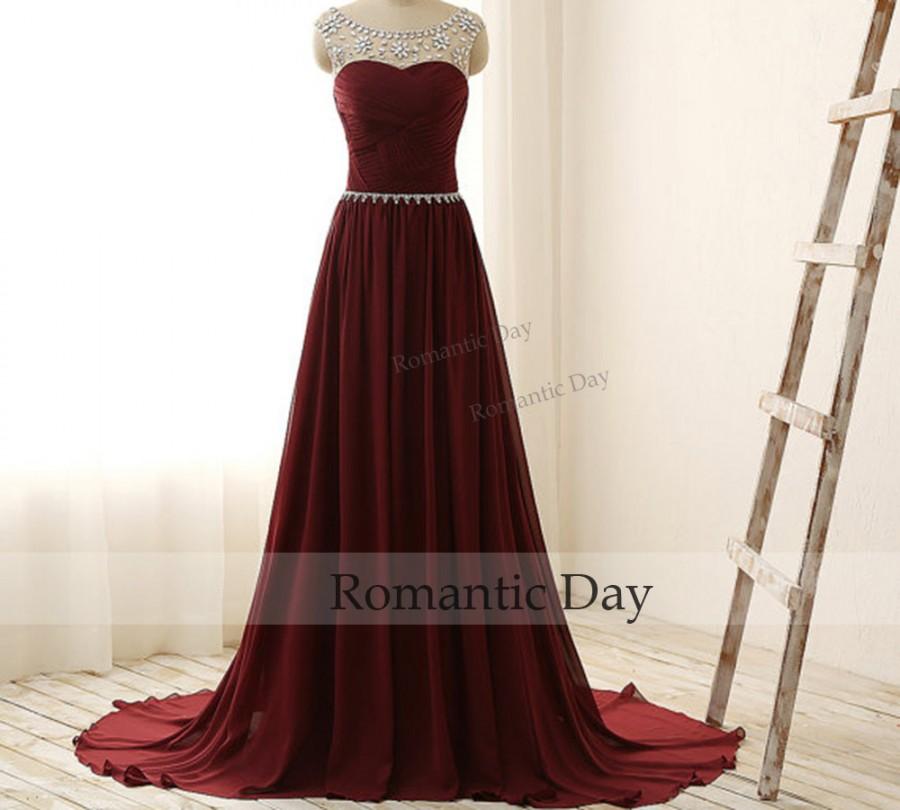 Mariage - Burgundy Evening Dress Pleat Chiffon Prom Dresses Women Formal Gown 2016 New Arrival Girl Graduation Gowns Sweep Train 0550