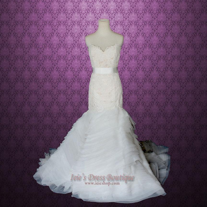 Hochzeit - French Lace Scallop Hem Mermaid Wedding Dress with Tiered Organza Ruffles 