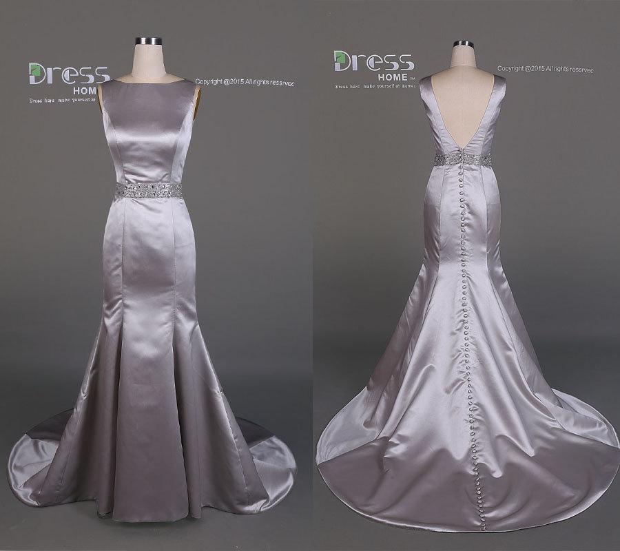 Mariage - Silver Long Mermaid Prom Dress/Mermaid Satin Evening Gown/Silver Bateau Wedding Dress/Sexy Party Dresses/Reception Dress DH483