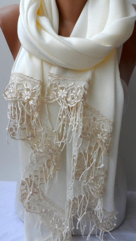 Mariage - Wedding shawls Ivory Pashmina shawls Champagne French Lace Dainty Lightweight So Soft Cream Bridesmaid Summer Bridal shawl Feminine
