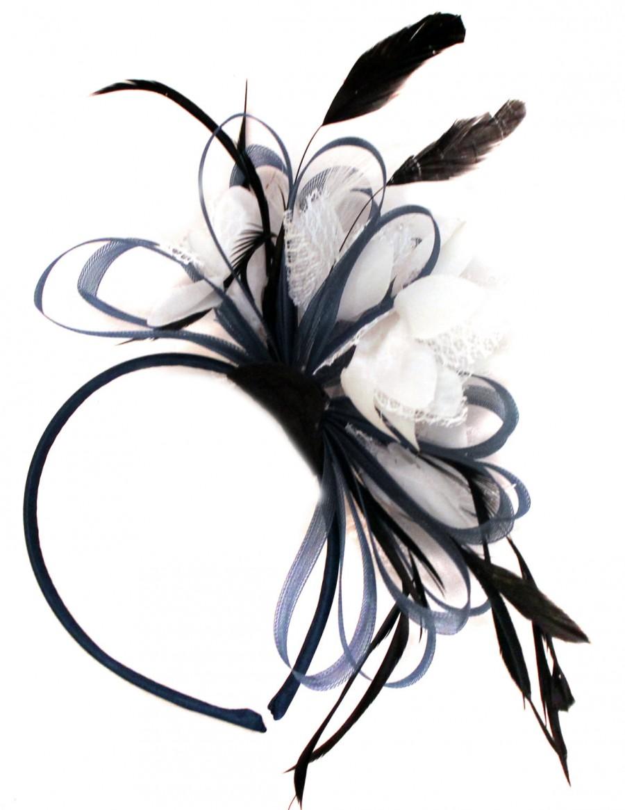 Wedding - Navy Blue Hoop & White Feathers Fascinator Headband Ascot Wedding