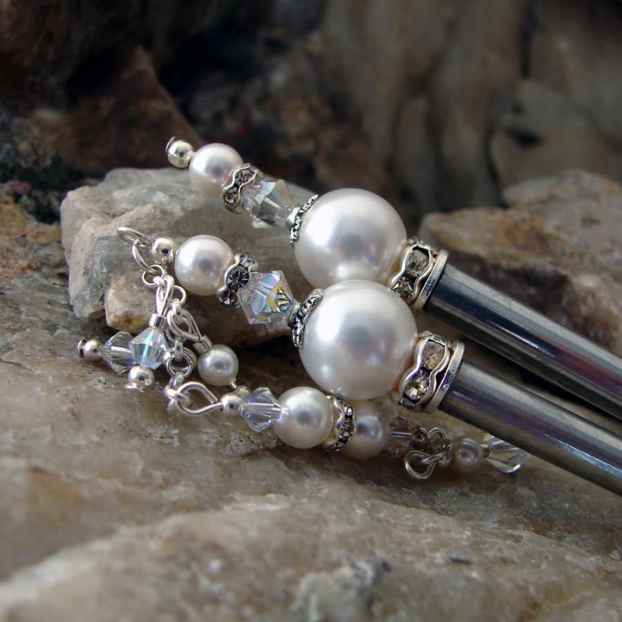 Hochzeit - Hair Stick Crystal and White Pearl Wedding Hair Pin Bridal Accessories Pair Swarovski Crystal and Pearl for the Bride Hairstick Set - Avery
