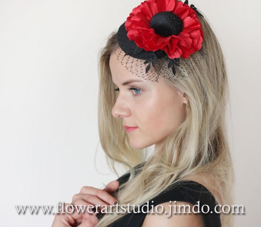 Wedding - Kentucky derby hat, Red silk flower, Black and red fascinator, Black and Red Headpiece, Mini Hat, Cocktail Hat, Black Top Hat, Pillbox Hat.