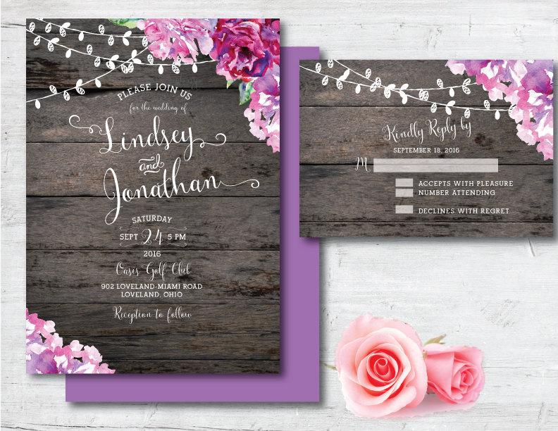 Mariage - Printable Wedding Invitation, Purple Wedding Invitation, Purple, Wedding, Invitation, Printable, DIY, Watercolor, Rustic, Country, Wood