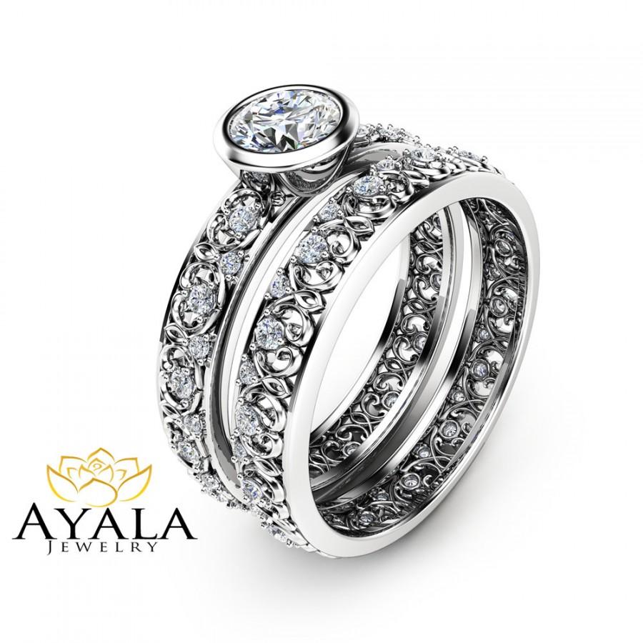 Wedding - Unique Vintage Engagement Rings Natural Diamond Bezel Bridal Rings 14K White Gold Vintage Rings Engagement Ring Set