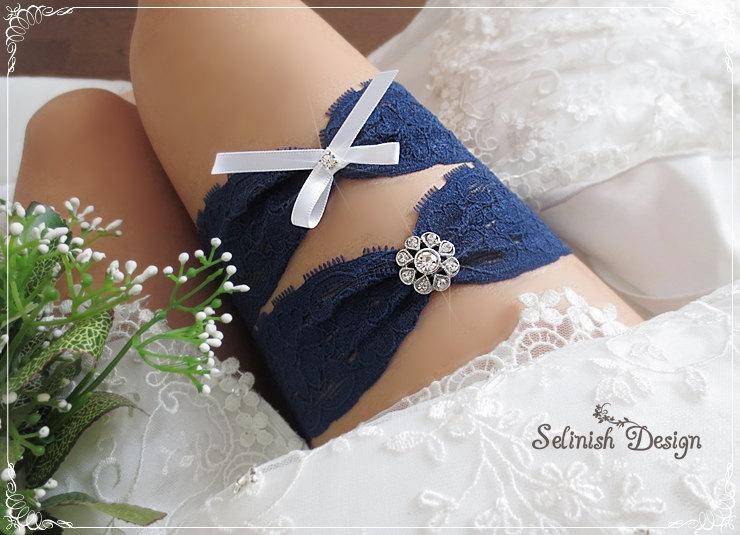 Wedding - Navy Lace Garter, Wedding Garter, Something Blue Garter, Deep Blue Bridal Garters, Wedding Garter Set