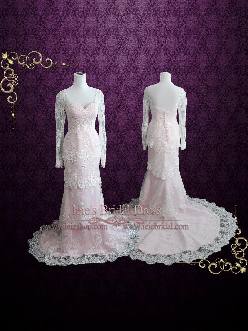 Mariage - Pearl Pink Tiered Lace Wedding Dress with Long Sleeves 
