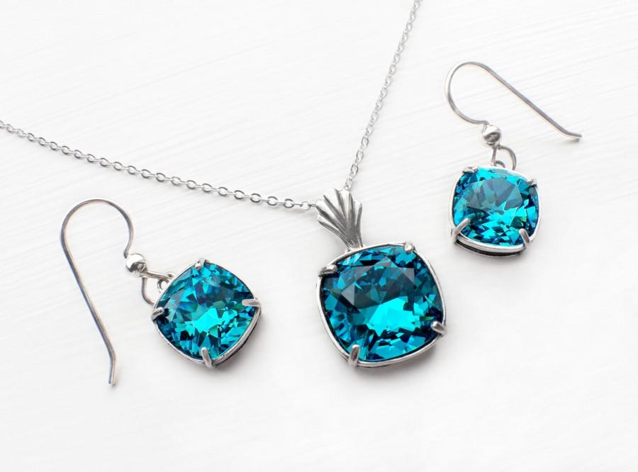 Hochzeit - Teal Blue Bridal Earring and Necklace Set, Teal Swarovski Crystal Wedding Jewelry, Teal Bridesmaid Set