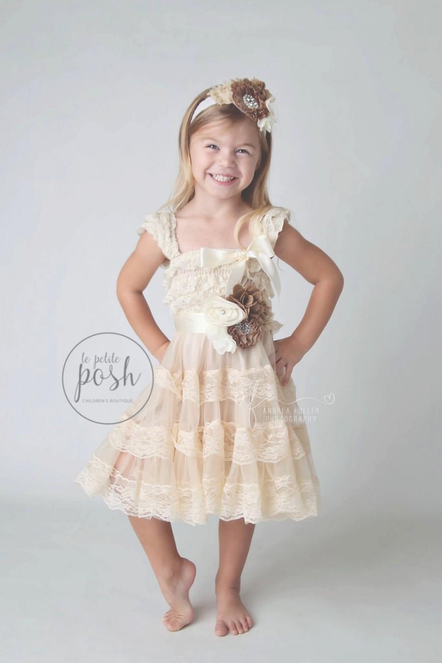 Wedding - rustic chic flower girl dress, country flower girl dress, flower girl dresses, champagne flower girl dress, burlap, lace flower girl dress