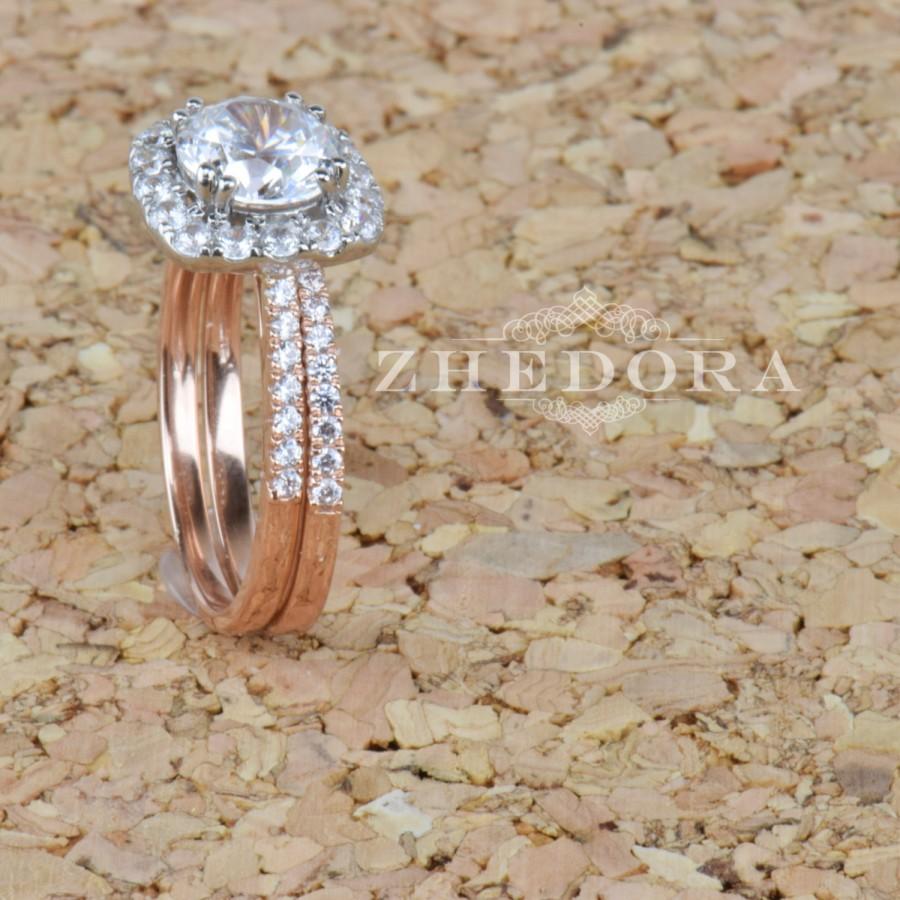 Hochzeit - 2.10 CT Round Halo Engagement Ring band Bridal set Solid 14k Rose & White Gold, Unique Rose Gold Engagement Rings by Zhedora