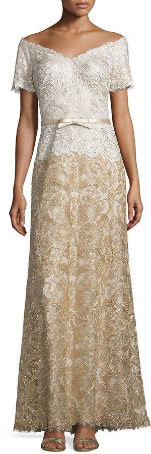Hochzeit - Tadashi Shoji V-Neck Short-Sleeve Combo Lace Gown, Ivory/Gold