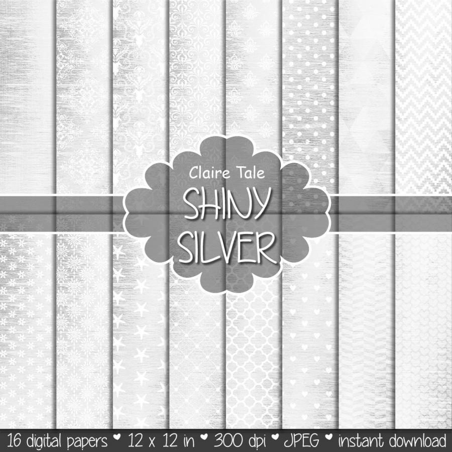 Mariage - Silver digital paper: "SHINY SILVER PATTERNS" with damask, crosshatch, quatrefoil, flowers, lace, polka dots, hearts on silver background