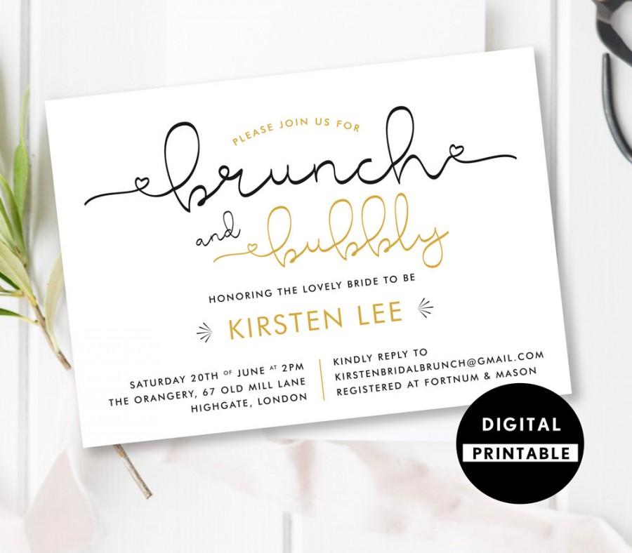 Wedding - Bridal Shower Invitation , Brunch and Bubbly Invite , Bridal Shower , 5x7 , A6 , Black Gold White