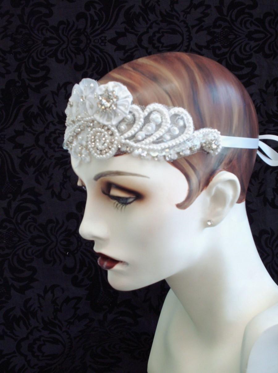 Mariage - White Bridal Headband, Flapper Inspired Bridal Headpiece, Art Deco Style, Flapper Headband, 1920s Style, Retro Weddings, Bridal Accessories