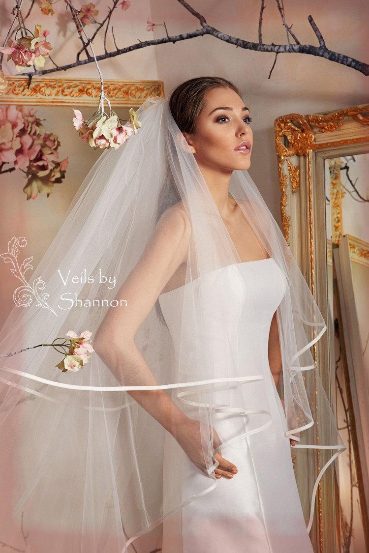 زفاف - 2 tier cathedral veil with ribbon edge,cathedral ribbon edge tulle veil with blusher, long tulle veils, bridal veils, wedding veils V16C