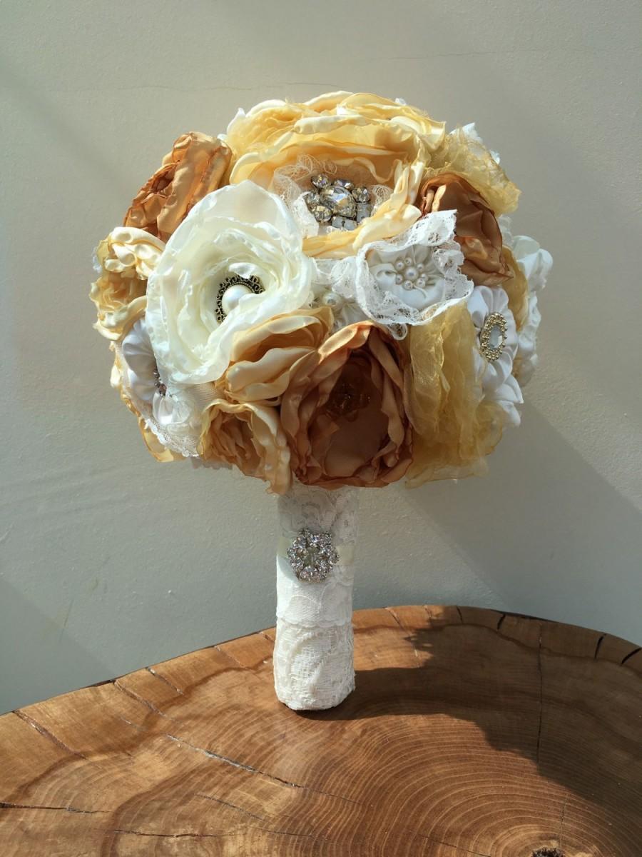 Hochzeit - Handmade Fabric Wedding Bouquet, golden and cream, pearls, vintage inspired, diamanté, pearls, alternative bouquet, brooch bouquet