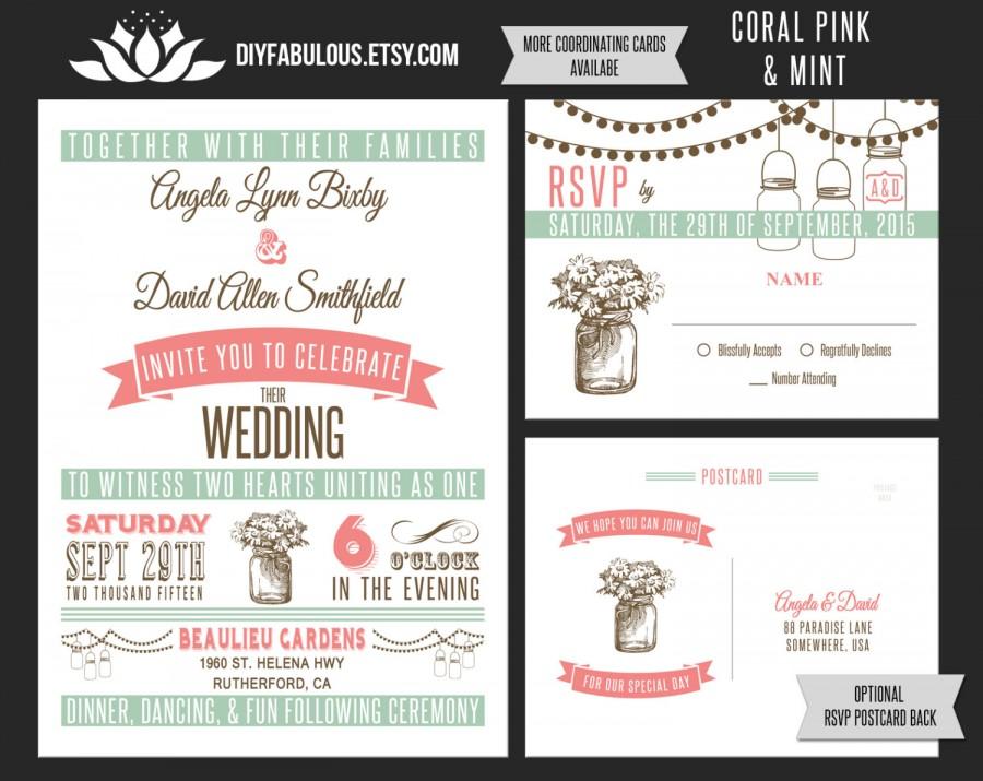 Hochzeit - NEW Vintage Mason Jar Wedding Invitation Printable Coral Pink Mint Green Wedding Invitation Suite Vintage Wedding Country Rustic Wedding