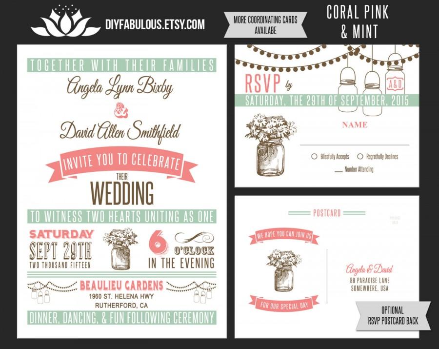 new vintage mason jar wedding invitation printable coral pink mint pink and green invitation