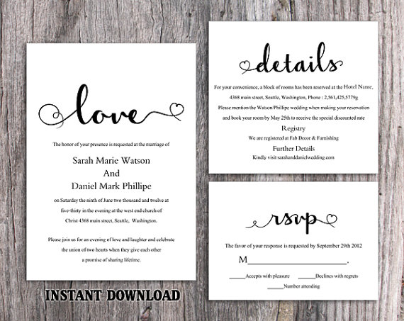 Mariage - DIY Wedding Invitation Template Set Editable Word File Download Printable Invitation Black & White Invitation Elegant Heart Invitation