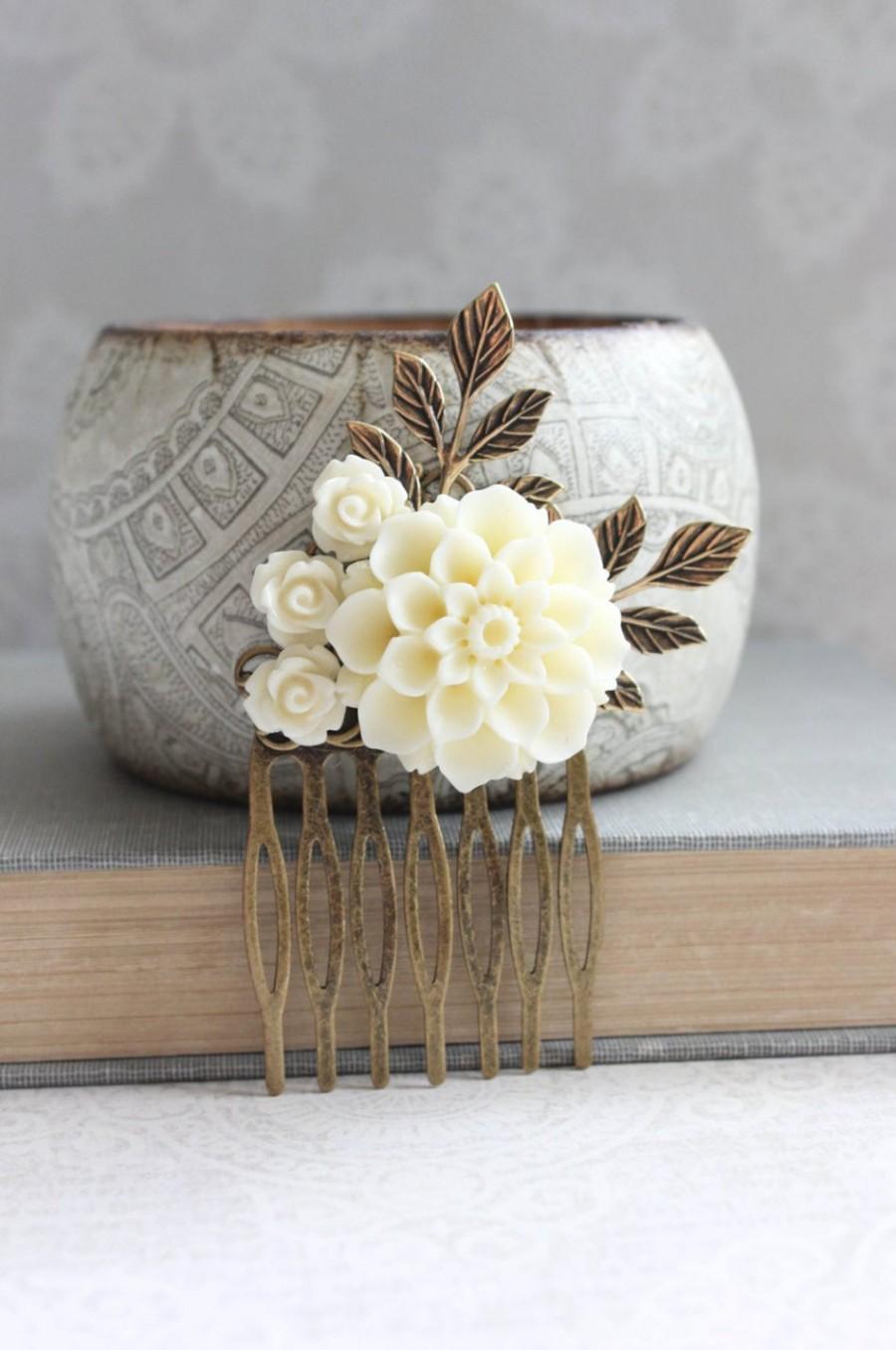 Wedding - Cream Dahlia Comb Ivory Rose Hair Comb Bridal Hair Piece Floral Collage Comb Branch Comb Beach Wedding Bridesmaids Gift Flowers for Hair