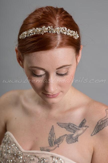 Mariage - Gold Headband, Fresh Water Pearls, Rhinestones, Bridal Headband, Wedding Hairband - Charlotte
