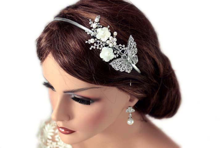 Свадьба - Butterfly Wedding Headband, Vintage Style Bridal Headpiece Tiara, Crystal Pearl Bridal Headband, Wedding Hair Accessories, 3106