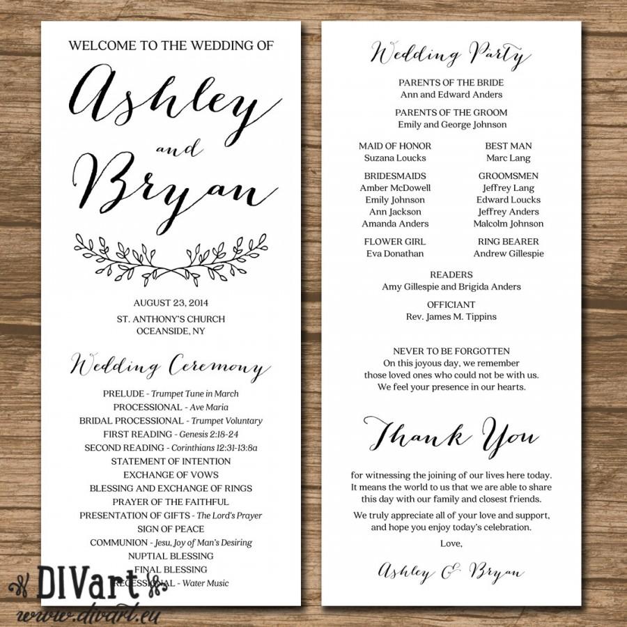 Mariage - PRINTABLE 4x9" Wedding Program - double-sided - simple and elegant - custom color, size, font - 488