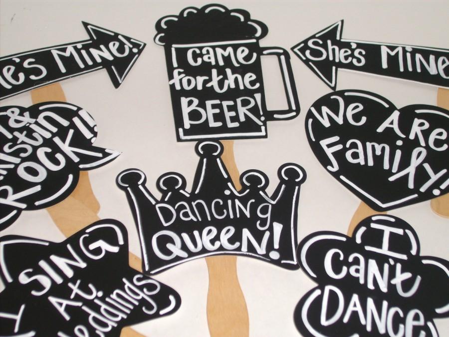 Wedding - 8 Chalkboard Photo booth Props WITH Phrases Written -  Chalk Board Photobooth Props Set of 8 Wedding photo Prop Decorations