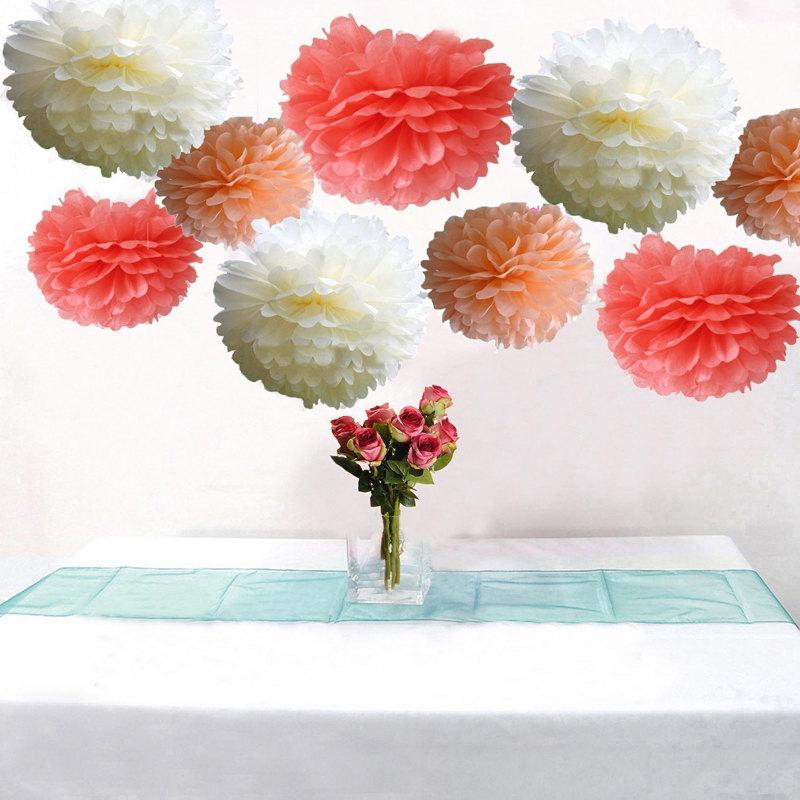 Mariage - Bulk 18pcs Mixed Coral Peach Ivory DIY Tissue Paper Flower Pom Poms Wedding Birtday Bridal Shower Hanging  Party Decoration