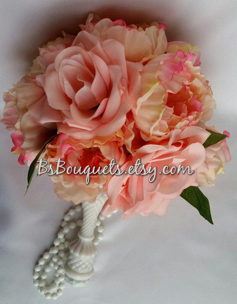 Wedding - Bridal Bouquet, Light Pink, Peonies, Roses, Vintage Milk Glass, Silk Bridal Bouquet with "Krystal Handle"  "Ju-Ju"